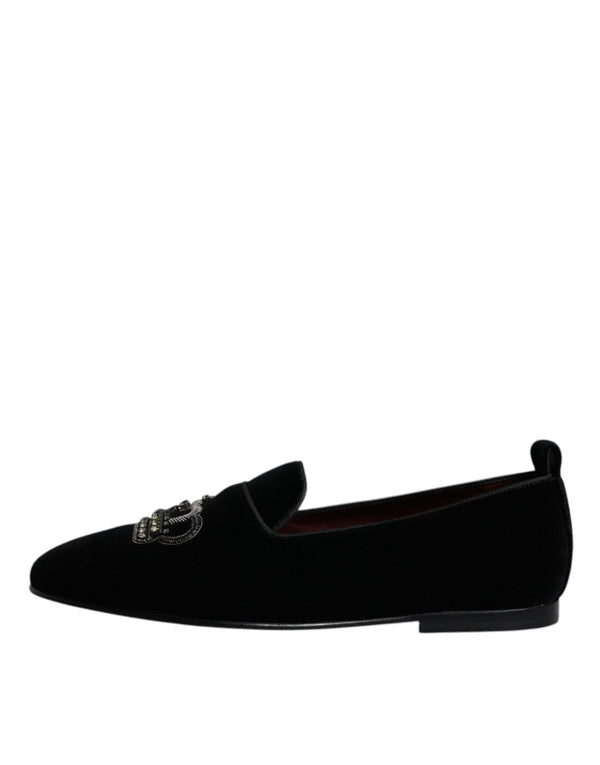 Schwarzer Samt Kristallkrone Loafers Formelle Kleid Schuhe