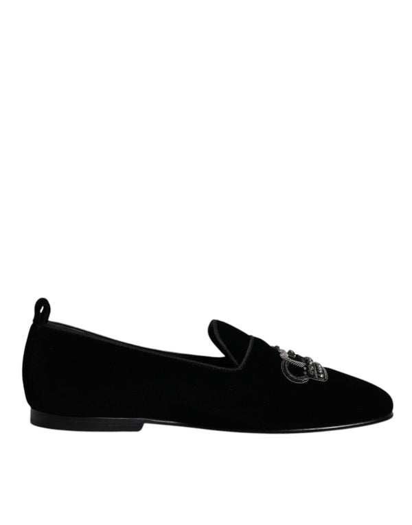 Schwarzer Samt Kristallkrone Loafers Formelle Kleid Schuhe