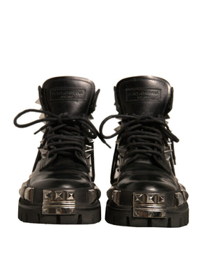 Schwarze Leder Nieten-Trekkingstiefel Schuhe