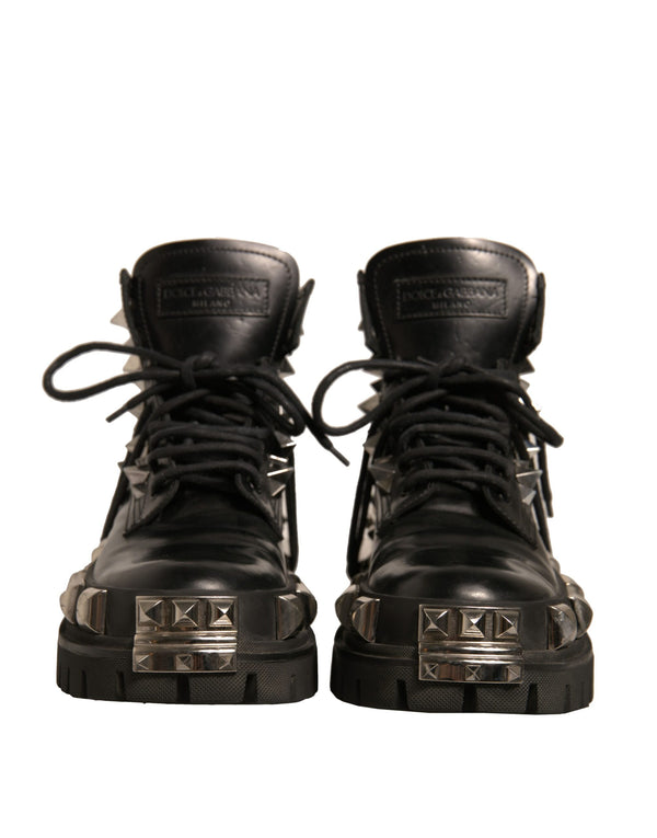 Schwarze Leder Nieten-Trekkingstiefel Schuhe