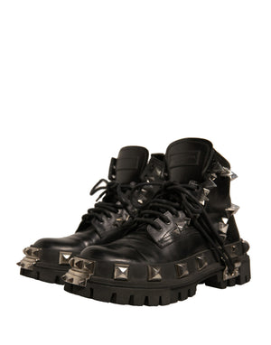 Schwarze Leder Nieten-Trekkingstiefel Schuhe