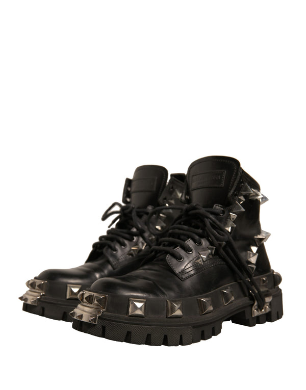 Schwarze Leder Nieten-Trekkingstiefel Schuhe