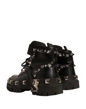 Schwarze Leder Nieten-Trekkingstiefel Schuhe