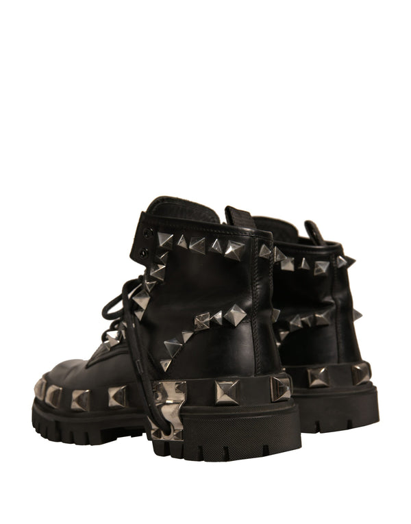 Schwarze Leder Nieten-Trekkingstiefel Schuhe
