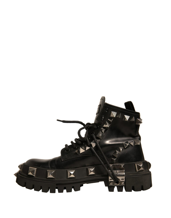 Schwarze Leder Nieten-Trekkingstiefel Schuhe