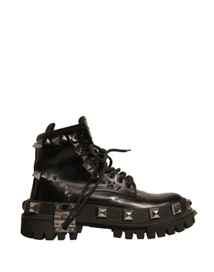 Schwarze Leder Nieten-Trekkingstiefel Schuhe