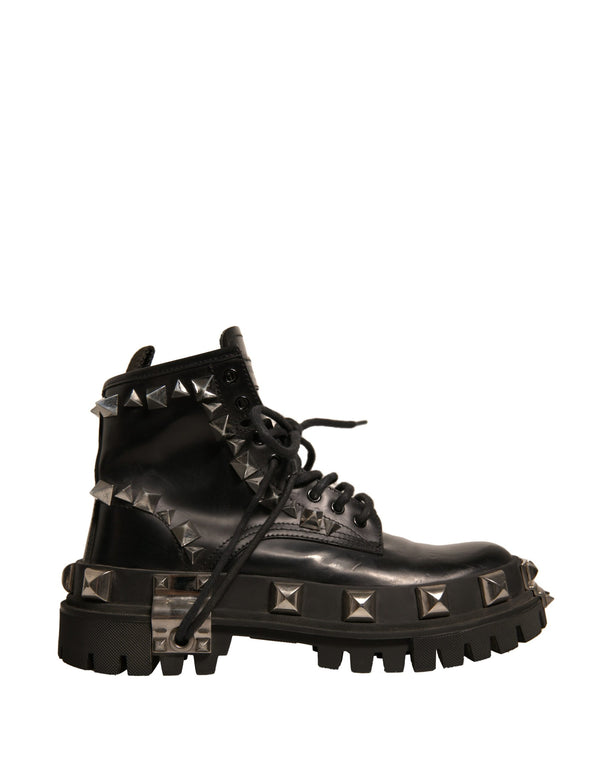 Schwarze Leder Nieten-Trekkingstiefel Schuhe