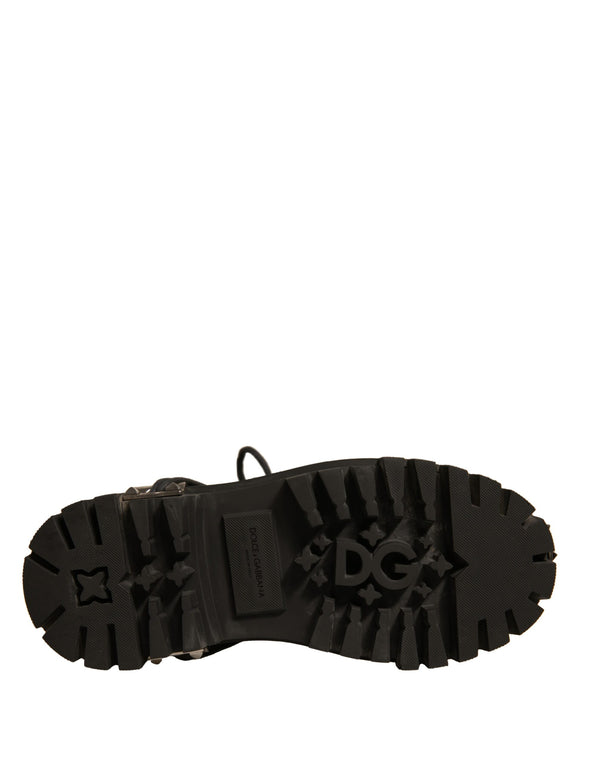Schwarze Leder Nieten-Trekkingstiefel Schuhe