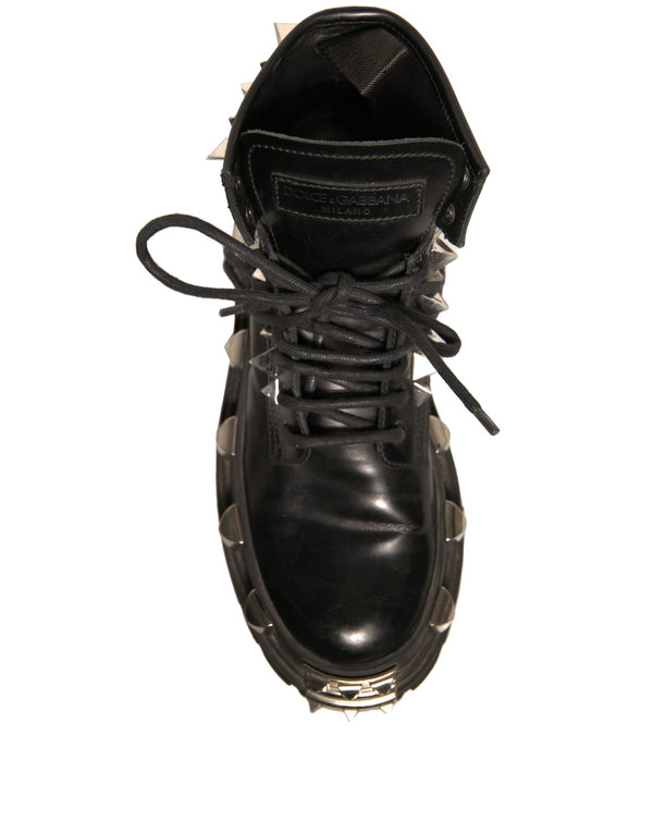 Schwarze Leder Nieten-Trekkingstiefel Schuhe