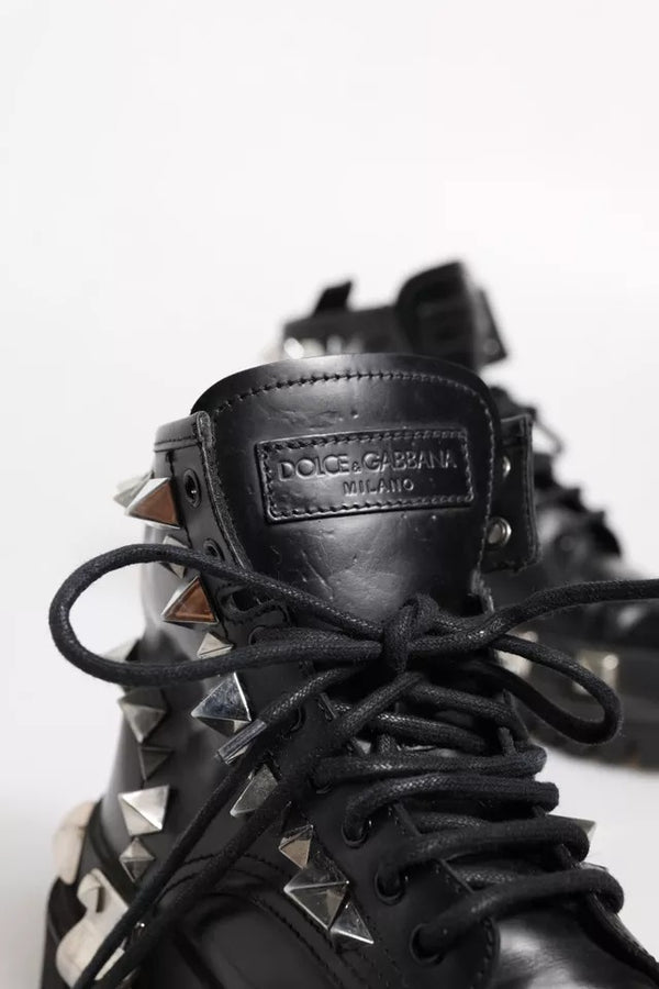 Schwarze Leder Nieten-Trekkingstiefel Schuhe
