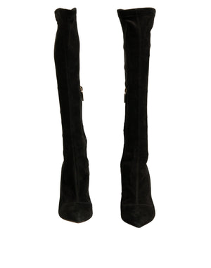 Schwarze Wildleder Stiletto Kniehohe Stiefel Schuhe