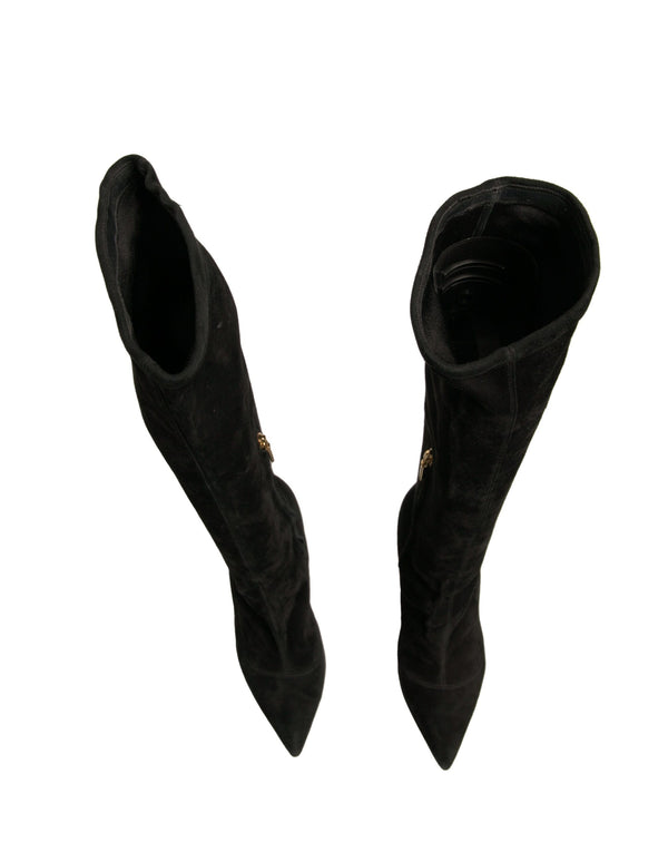 Schwarze Wildleder Stiletto Kniehohe Stiefel Schuhe