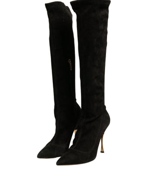 Schwarze Wildleder Stiletto Kniehohe Stiefel Schuhe