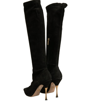 Schwarze Wildleder Stiletto Kniehohe Stiefel Schuhe