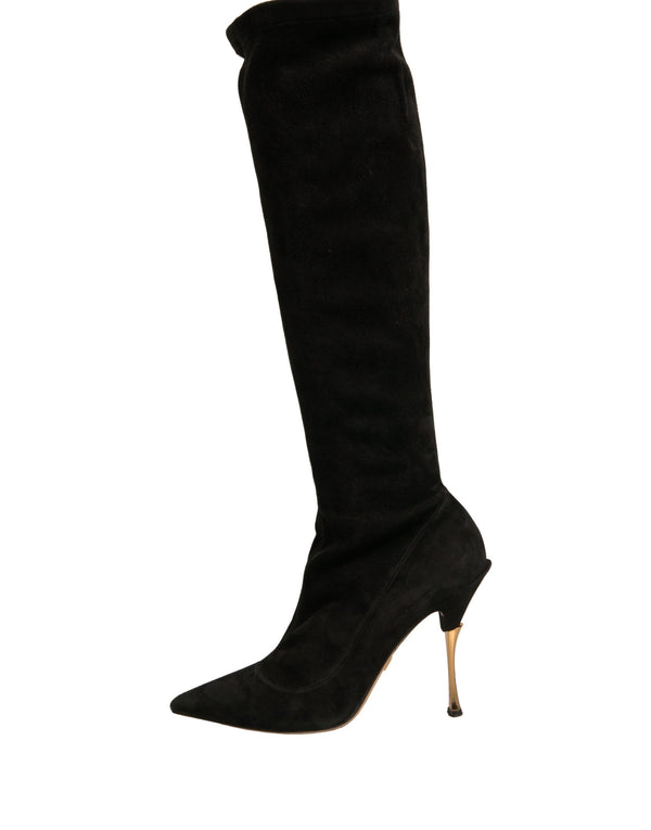Schwarze Wildleder Stiletto Kniehohe Stiefel Schuhe