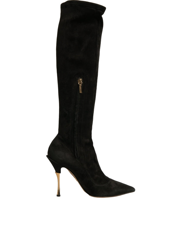 Schwarze Wildleder Stiletto Kniehohe Stiefel Schuhe