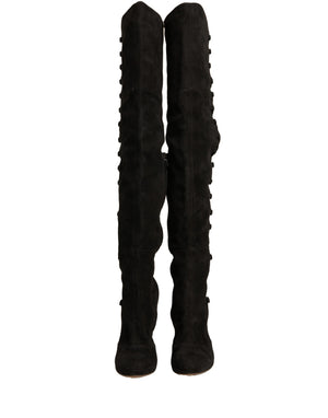 Schwarze Wildleder Absätze Kniehohe Stiefel Schuhe