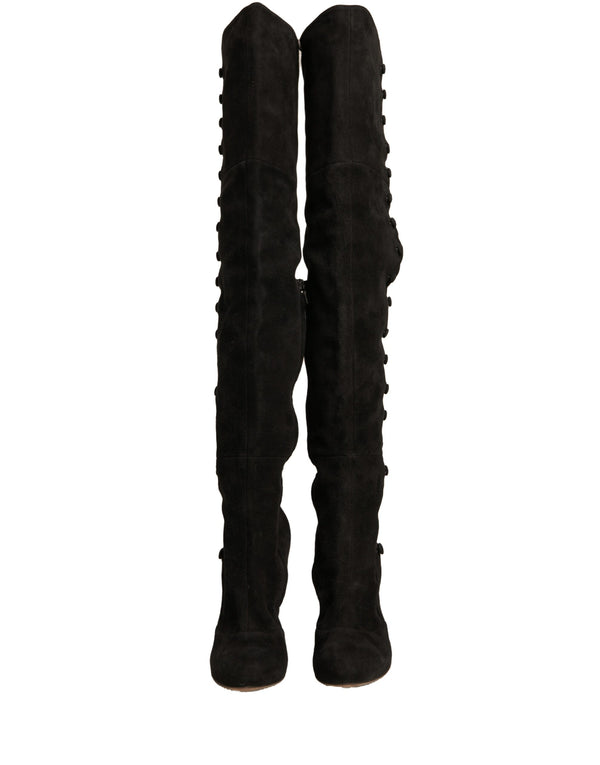 Schwarze Wildleder Absätze Kniehohe Stiefel Schuhe
