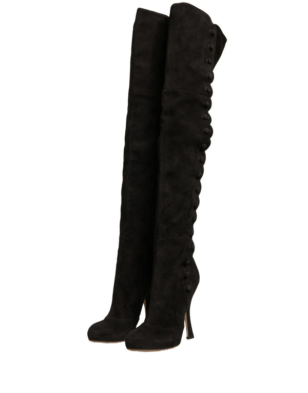Schwarze Wildleder Absätze Kniehohe Stiefel Schuhe