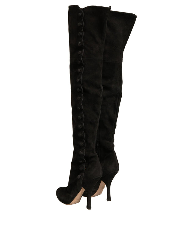 Schwarze Wildleder Absätze Kniehohe Stiefel Schuhe