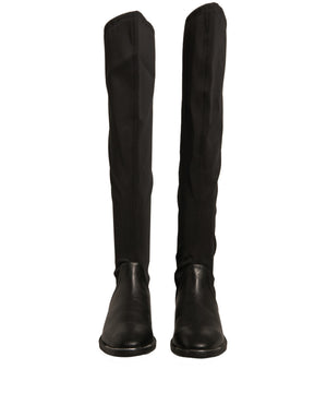 Schwarz Leder Wildleder Flats Hohe Stiefel Schuhe