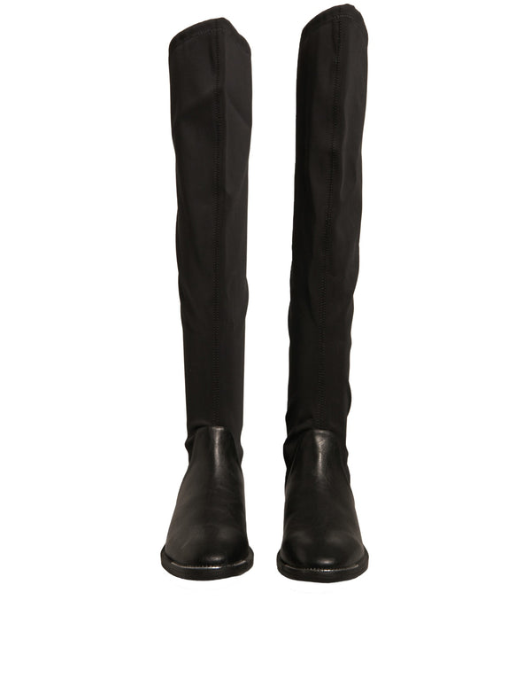 Schwarz Leder Wildleder Flats Hohe Stiefel Schuhe
