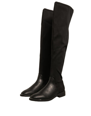 Schwarz Leder Wildleder Flats Hohe Stiefel Schuhe