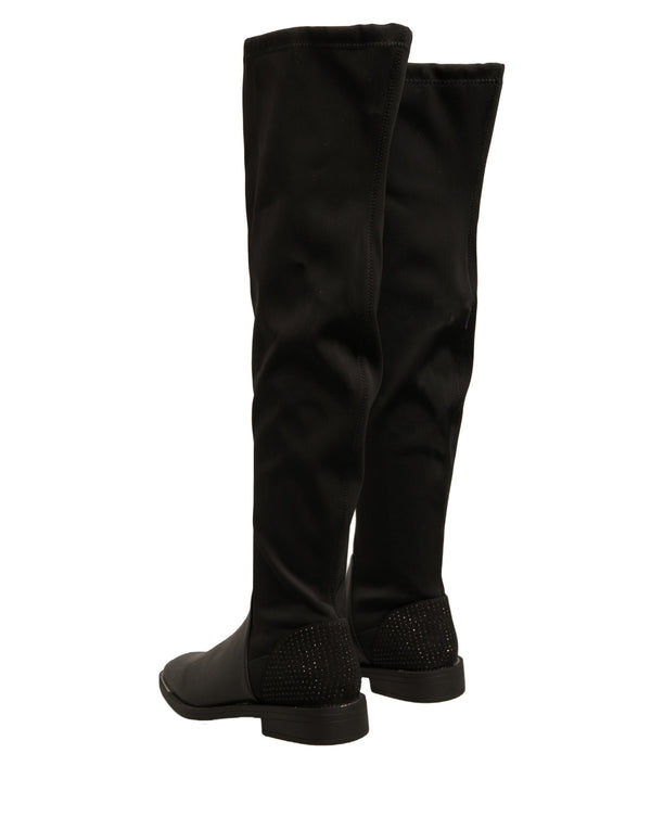 Schwarz Leder Wildleder Flats Hohe Stiefel Schuhe