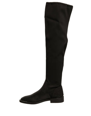 Schwarz Leder Wildleder Flats Hohe Stiefel Schuhe