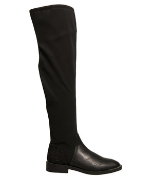 Schwarz Leder Wildleder Flats Hohe Stiefel Schuhe