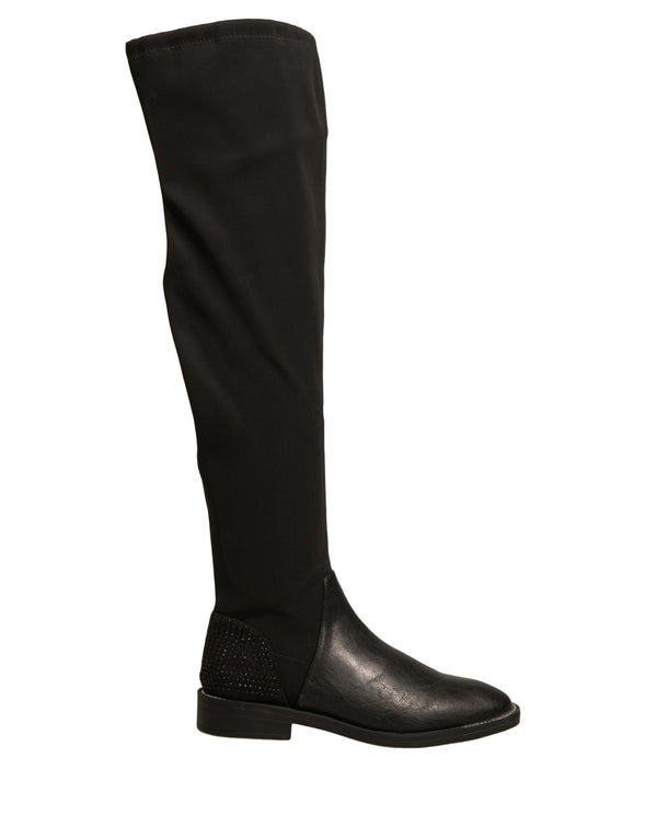 Schwarz Leder Wildleder Flats Hohe Stiefel Schuhe