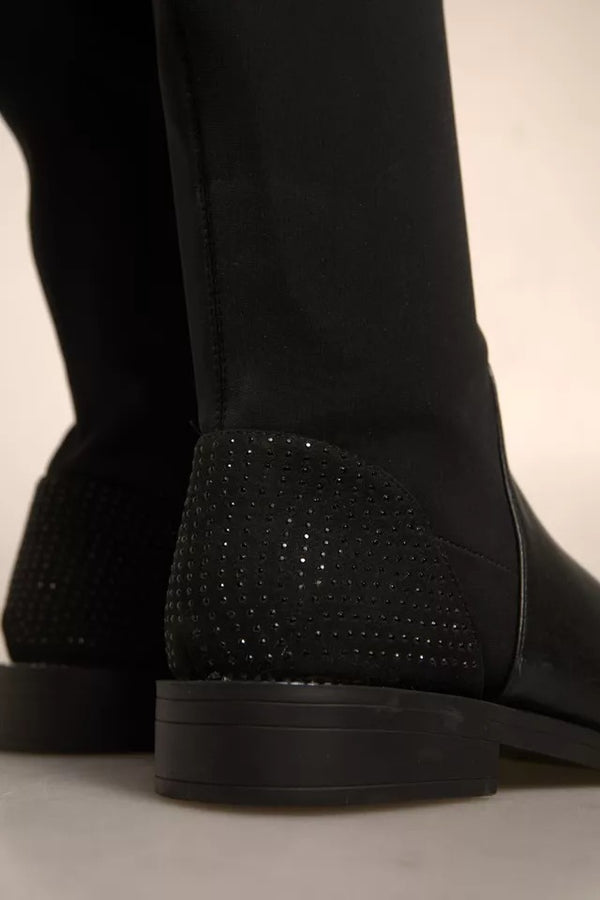 Schwarz Leder Wildleder Flats Hohe Stiefel Schuhe
