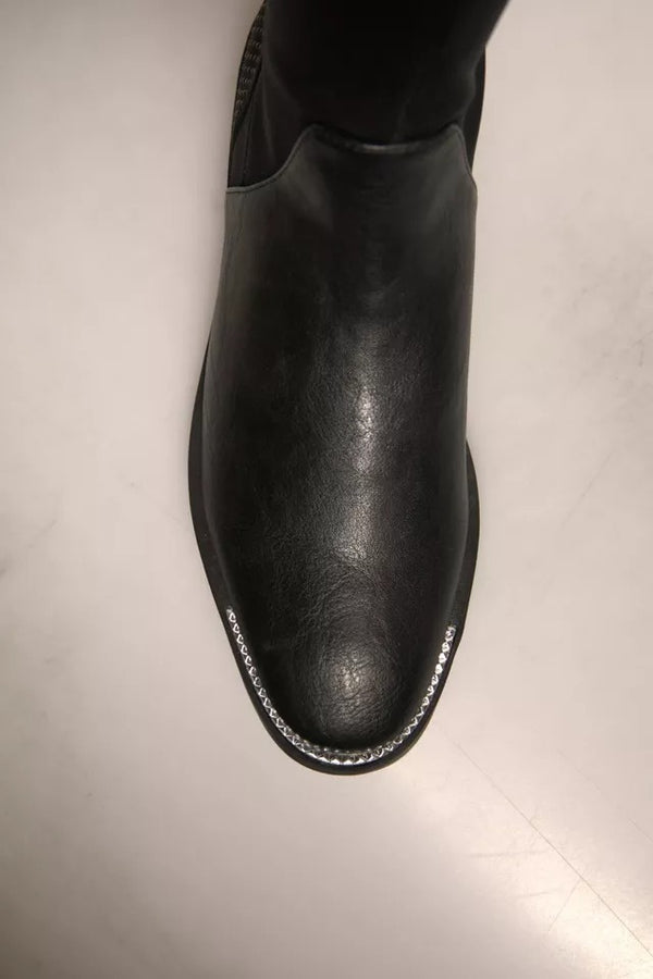 Schwarz Leder Wildleder Flats Hohe Stiefel Schuhe