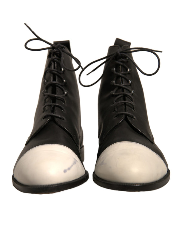 Schwarz Weiß Leder Lace Up Flats Ankle Boots Schuhe