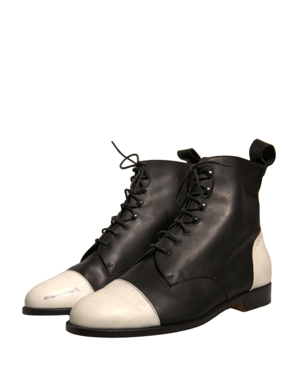Schwarz Weiß Leder Lace Up Flats Ankle Boots Schuhe