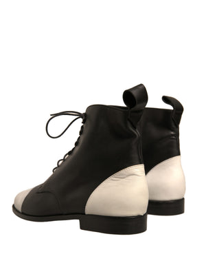 Schwarz Weiß Leder Lace Up Flats Ankle Boots Schuhe