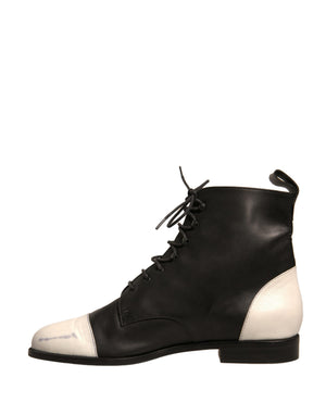 Schwarz Weiß Leder Lace Up Flats Ankle Boots Schuhe