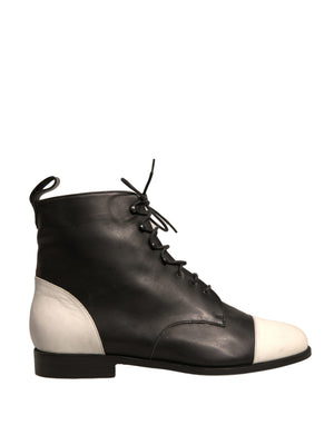 Schwarz Weiß Leder Lace Up Flats Ankle Boots Schuhe