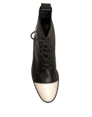 Schwarz Weiß Leder Lace Up Flats Ankle Boots Schuhe