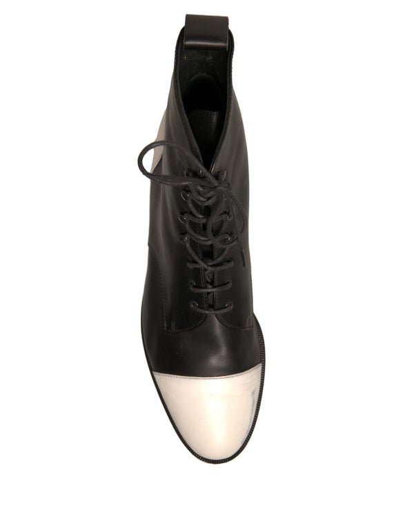 Schwarz Weiß Leder Lace Up Flats Ankle Boots Schuhe