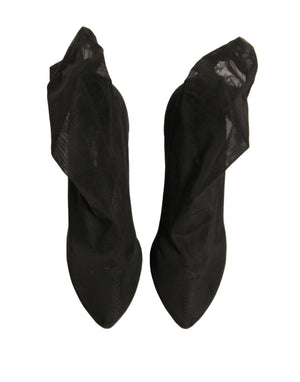 Schwarz Seide Mesh Socke Stil Heels Stiefel Schuhe
