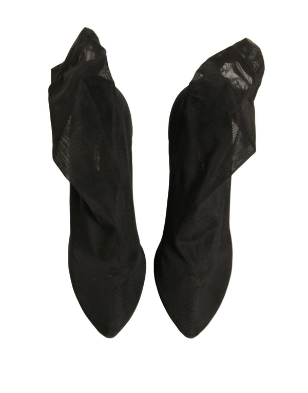 Schwarz Seide Mesh Socke Stil Heels Stiefel Schuhe