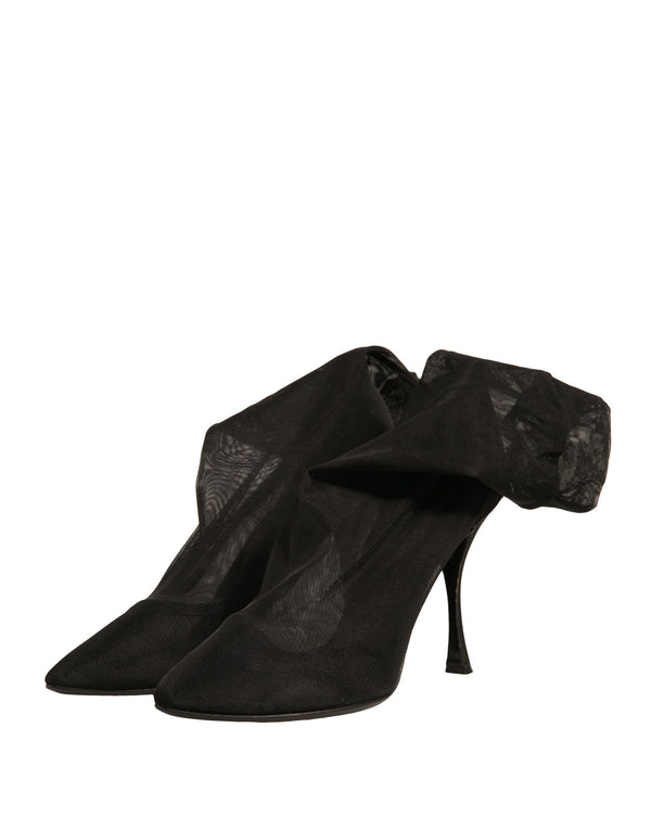 Schwarz Seide Mesh Socke Stil Heels Stiefel Schuhe