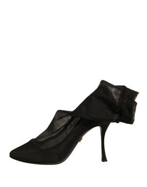 Schwarz Seide Mesh Socke Stil Heels Stiefel Schuhe