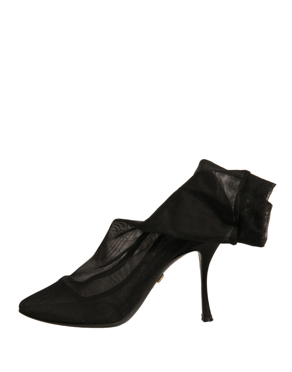 Schwarz Seide Mesh Socke Stil Heels Stiefel Schuhe