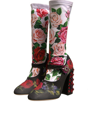 Schwarz Floral Socken Kristall Stiefel Jersey Schuhe