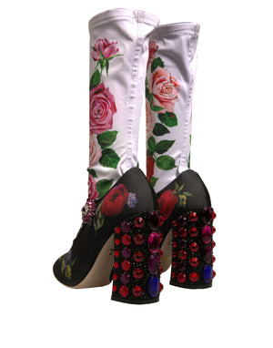 Schwarz Floral Socken Kristall Stiefel Jersey Schuhe