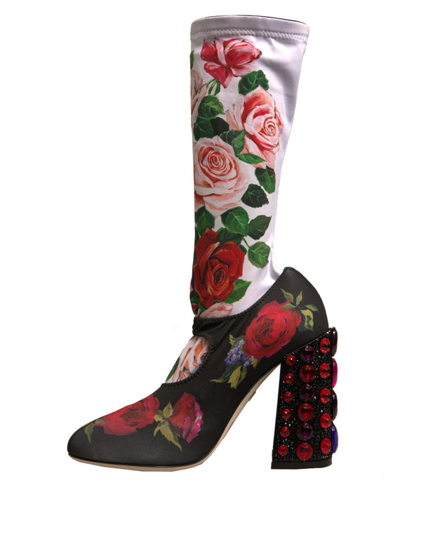 Schwarz Floral Socken Kristall Stiefel Jersey Schuhe