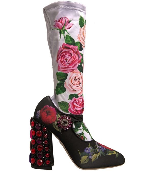 Schwarz Floral Socken Kristall Stiefel Jersey Schuhe