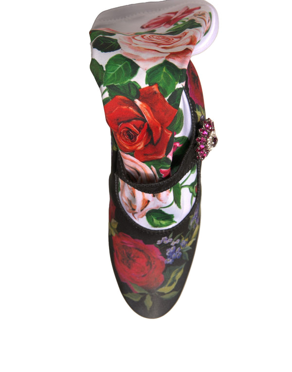 Schwarz Floral Socken Kristall Stiefel Jersey Schuhe